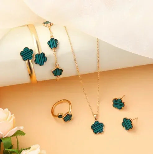 5 unids/set de conjuntos de joyería de calidad de lujo, planta de flor de ciruelo, flor de cinco hojas, pendientes, anillos, pulsera, collar, brazaletes, regalo