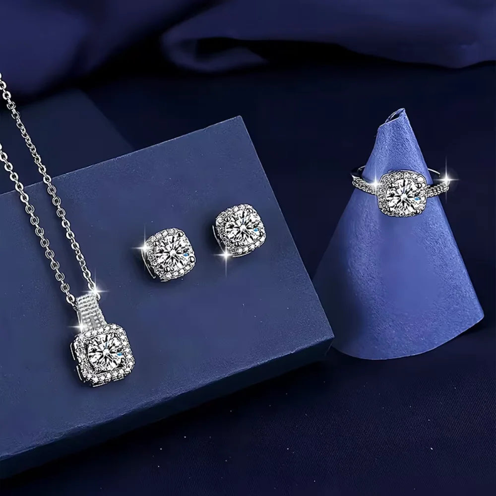 Conjunto de 3 uds de anillos y pendientes de collar de circón cuadrado geométrico brillante de marca de lujo para mujer, conjunto de joyería de moda, regalo de aniversario
