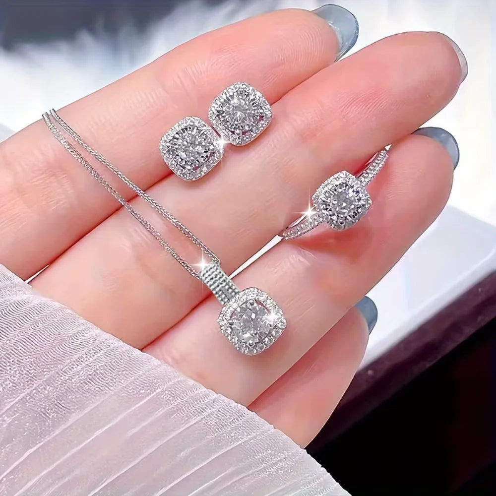 Conjunto de 3 uds de anillos y pendientes de collar de circón cuadrado geométrico brillante de marca de lujo para mujer, conjunto de joyería de moda, regalo de aniversario