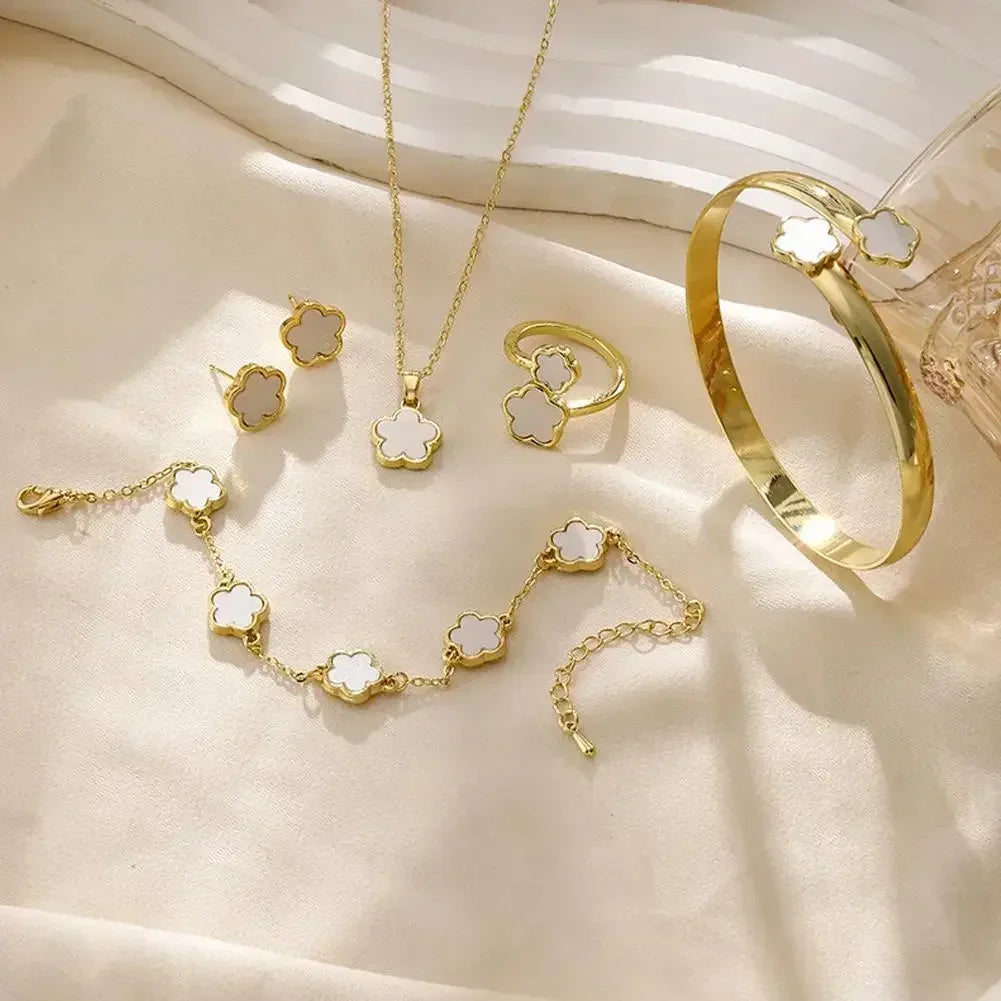 5 unids/set de conjuntos de joyería de calidad de lujo, planta de flor de ciruelo, flor de cinco hojas, pendientes, anillos, pulsera, collar, brazaletes, regalo