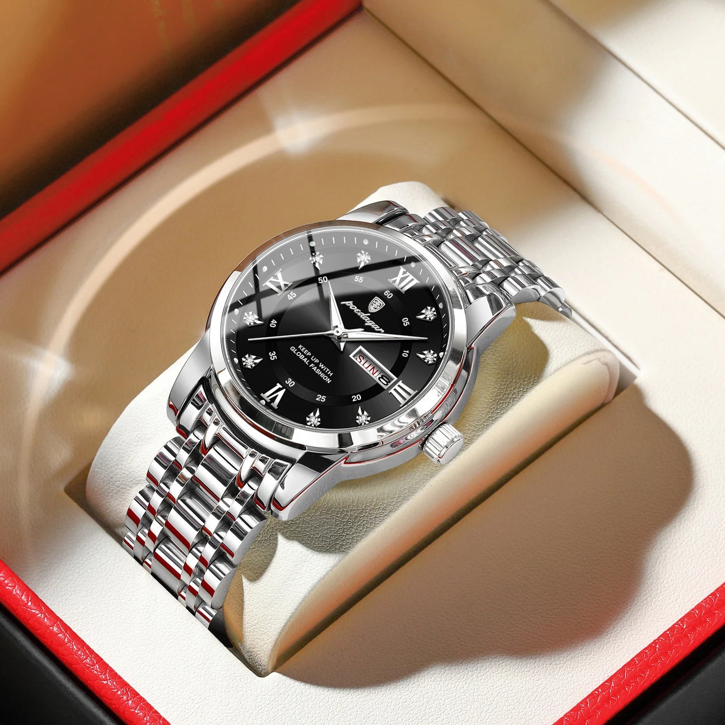 Reloj POEDAGAR de lujo para hombre, elegante reloj con fecha y semana resistente al agua luminoso para hombre, relojes deportivos de cuarzo de acero inoxidable para hombre