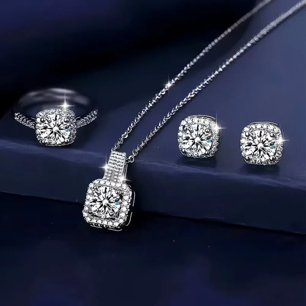 Conjunto de 3 uds de anillos y pendientes de collar de circón cuadrado geométrico brillante de marca de lujo para mujer, conjunto de joyería de moda, regalo de aniversario