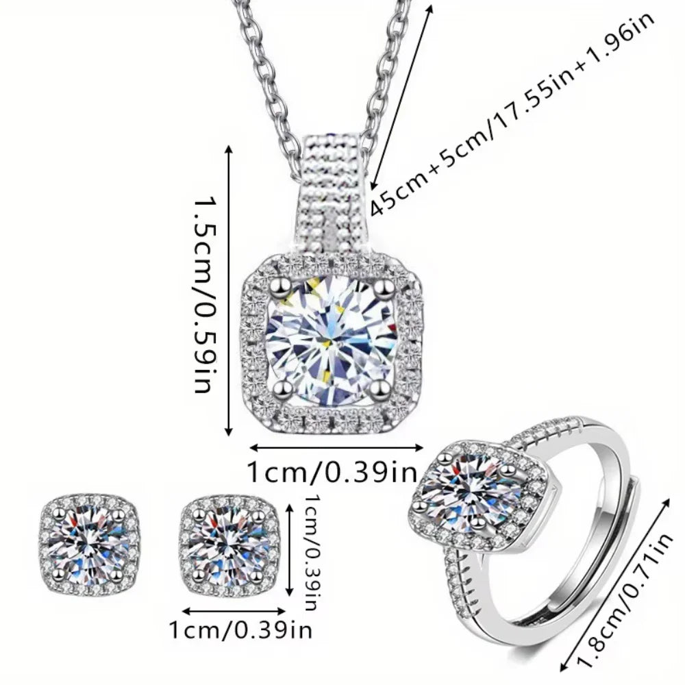 Conjunto de 3 uds de anillos y pendientes de collar de circón cuadrado geométrico brillante de marca de lujo para mujer, conjunto de joyería de moda, regalo de aniversario