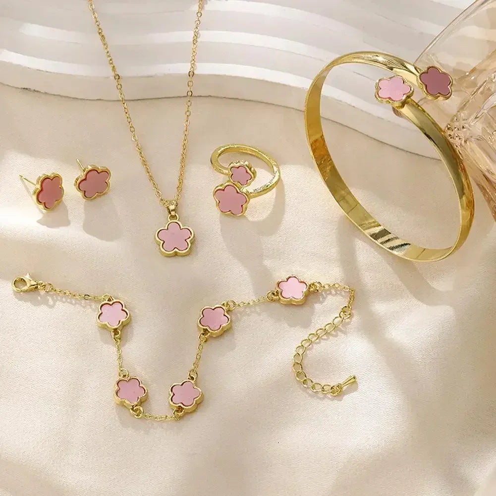 5 unids/set de conjuntos de joyería de calidad de lujo, planta de flor de ciruelo, flor de cinco hojas, pendientes, anillos, pulsera, collar, brazaletes, regalo