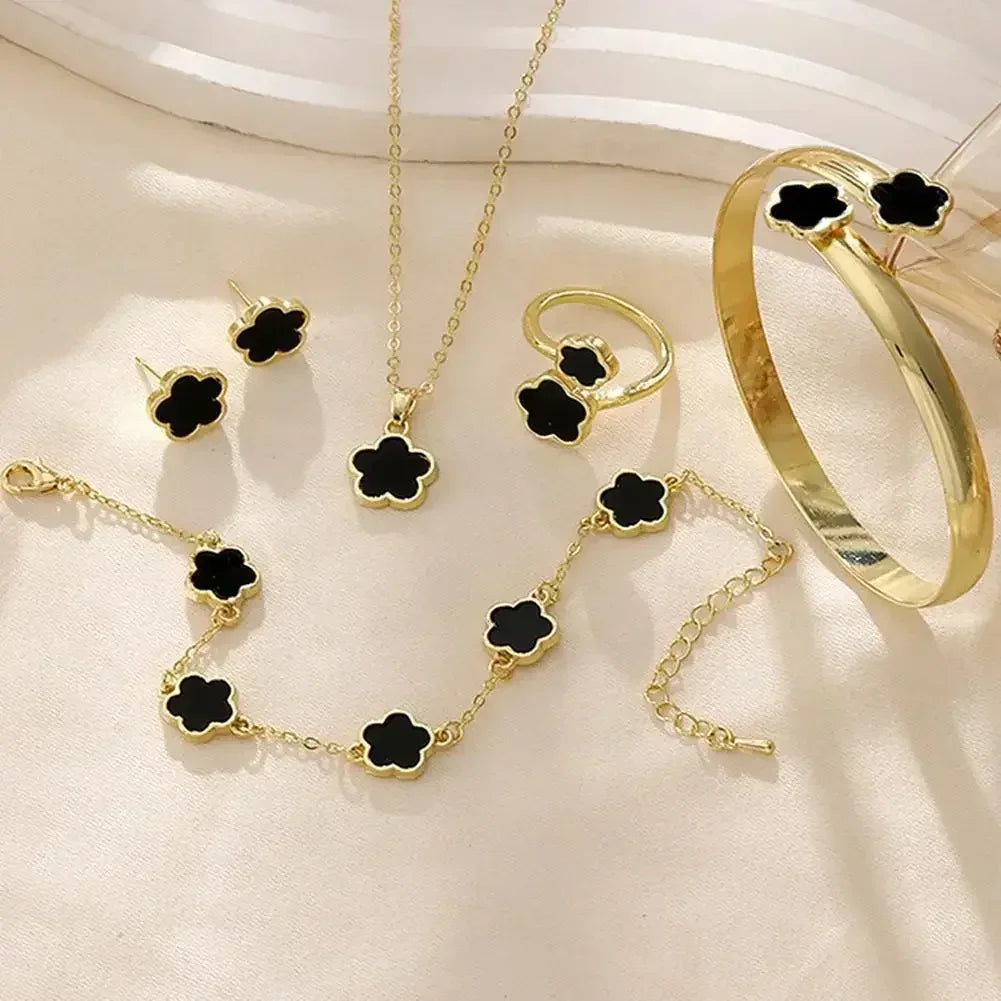 5 unids/set de conjuntos de joyería de calidad de lujo, planta de flor de ciruelo, flor de cinco hojas, pendientes, anillos, pulsera, collar, brazaletes, regalo