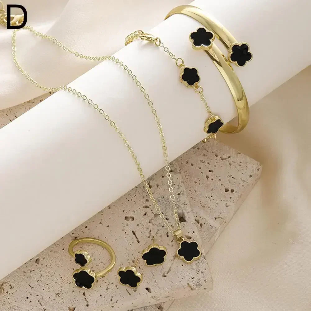 5 unids/set de conjuntos de joyería de calidad de lujo, planta de flor de ciruelo, flor de cinco hojas, pendientes, anillos, pulsera, collar, brazaletes, regalo