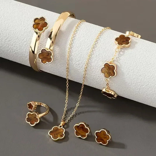 5 unids/set de conjuntos de joyería de calidad de lujo, planta de flor de ciruelo, flor de cinco hojas, pendientes, anillos, pulsera, collar, brazaletes, regalo
