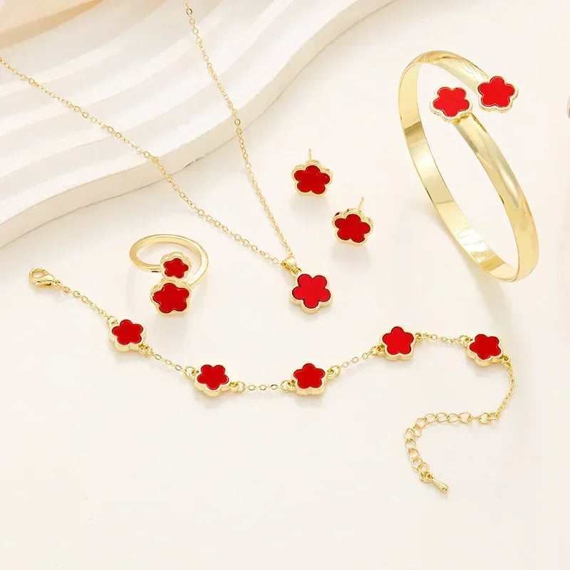 5 unids/set de conjuntos de joyería de calidad de lujo, planta de flor de ciruelo, flor de cinco hojas, pendientes, anillos, pulsera, collar, brazaletes, regalo