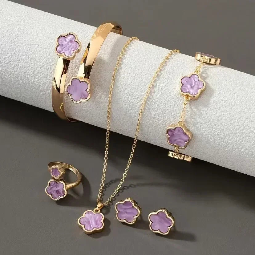 5 unids/set de conjuntos de joyería de calidad de lujo, planta de flor de ciruelo, flor de cinco hojas, pendientes, anillos, pulsera, collar, brazaletes, regalo