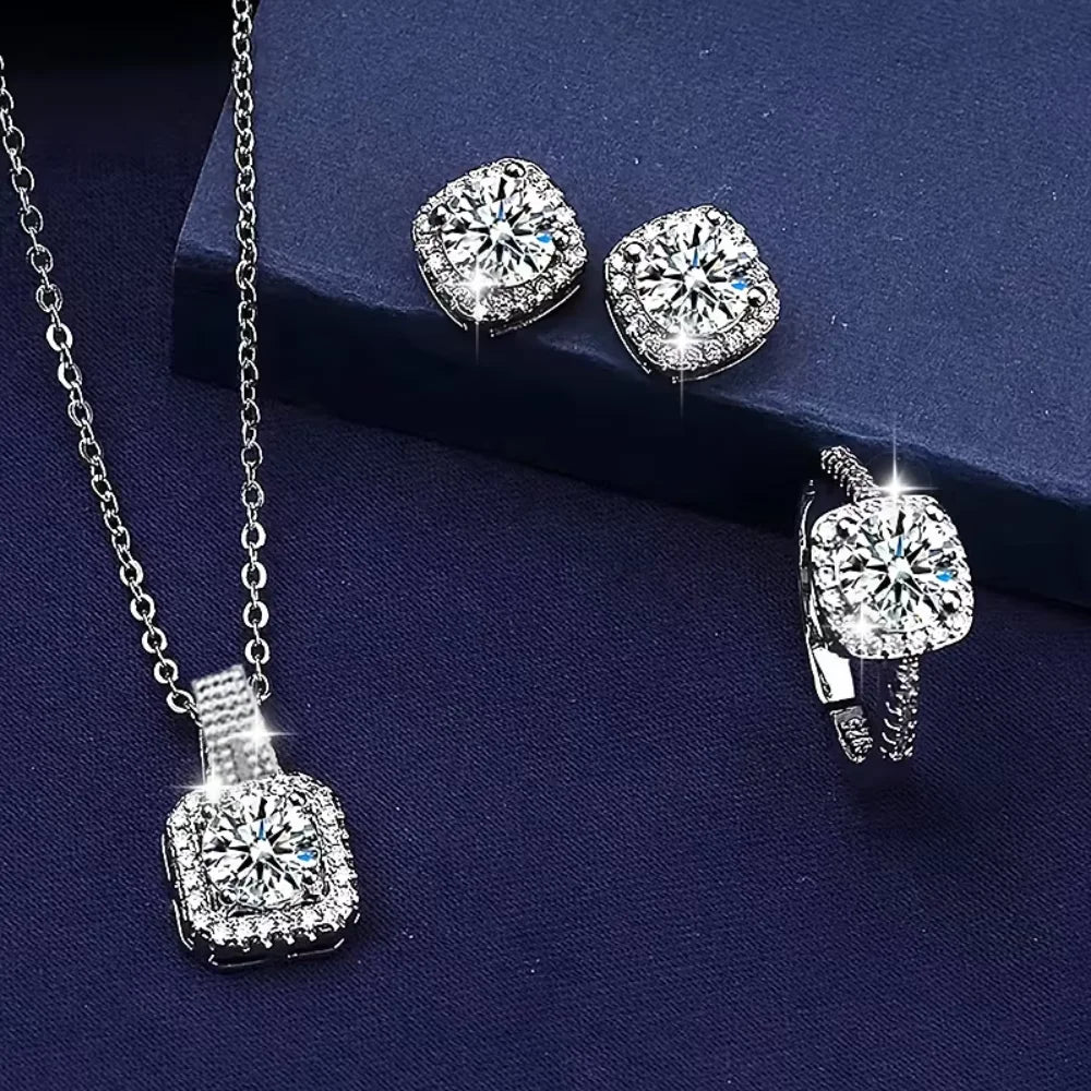 Conjunto de 3 uds de anillos y pendientes de collar de circón cuadrado geométrico brillante de marca de lujo para mujer, conjunto de joyería de moda, regalo de aniversario